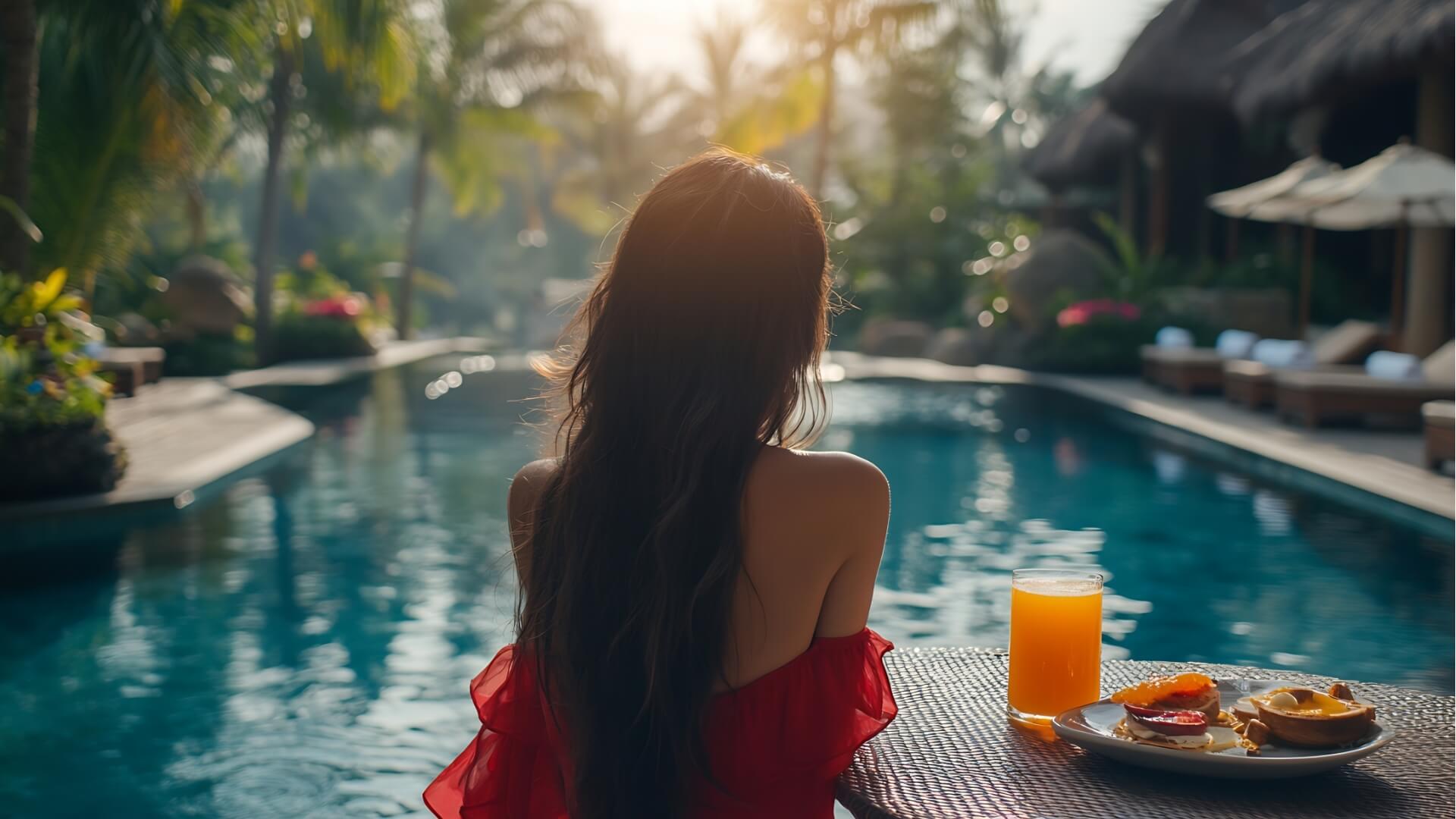 プールを眺める女性